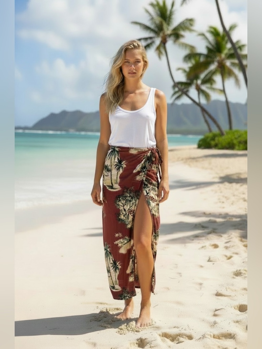 100% SILK Island Republic Rust Palm Print Maxi Skirt